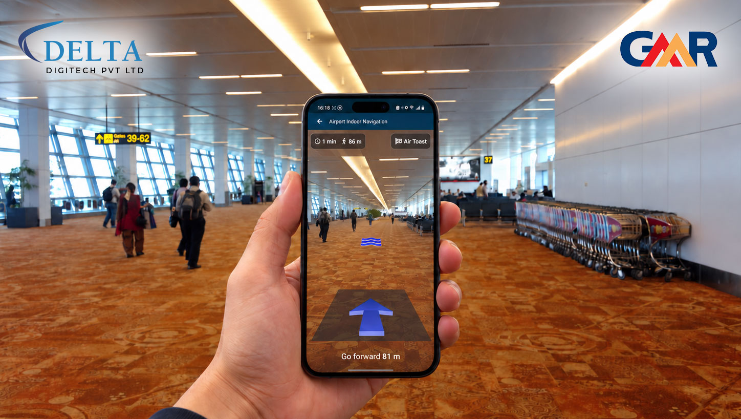 A hand holding a phone showing AR indoor navigation arrows along a Terminal 3 concourse