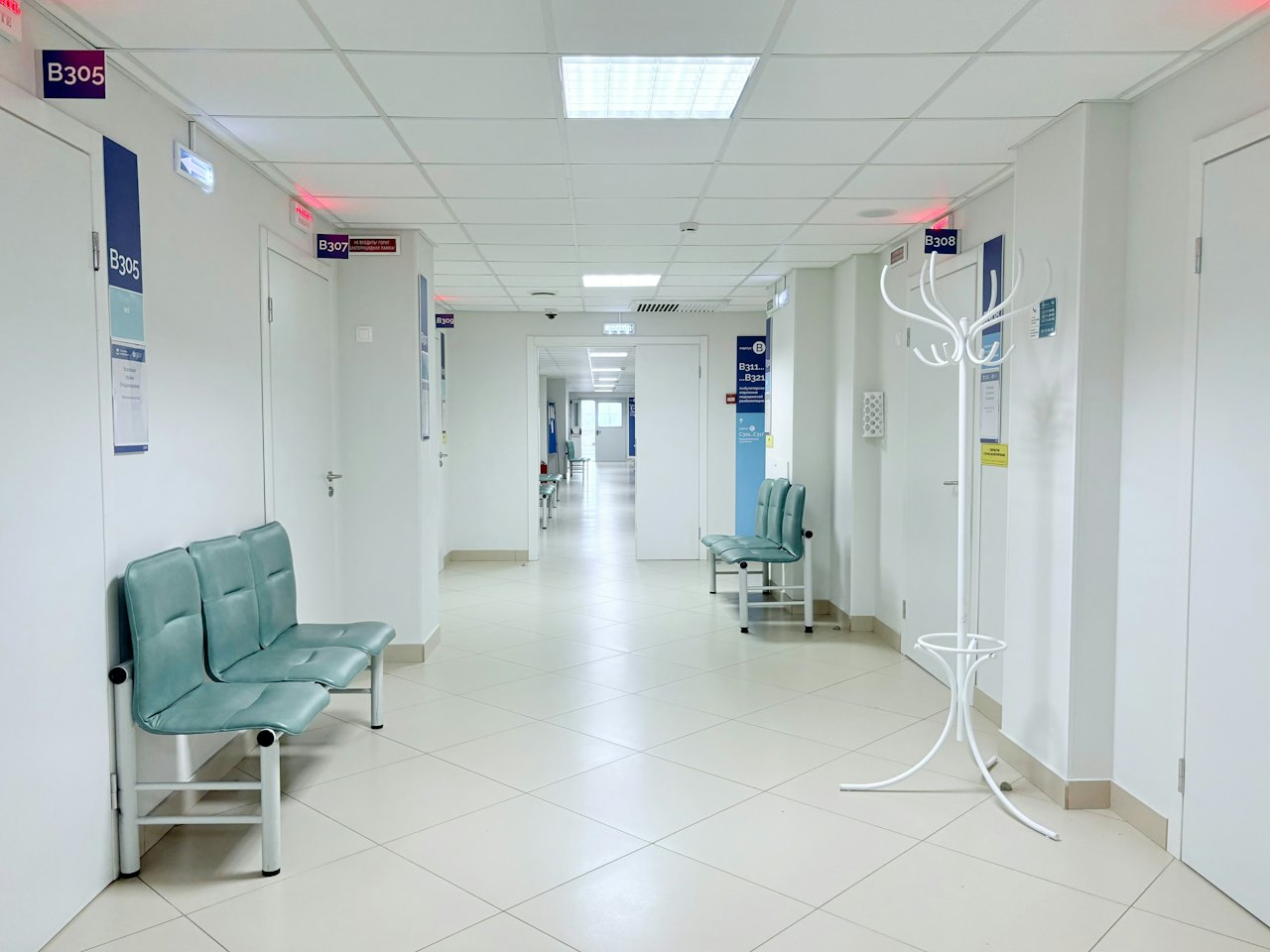 A clean, quiet hospital corridor