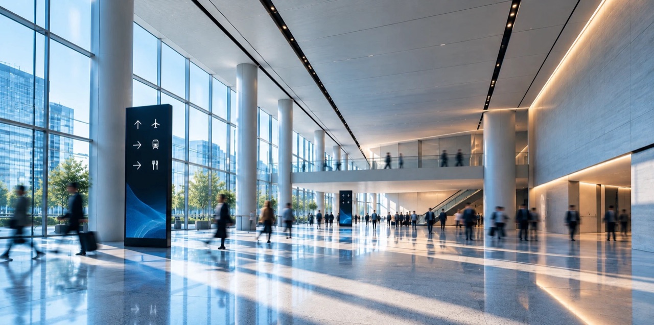 A sunlit modern concourse with digital wayfinding signage and travellers in motion
