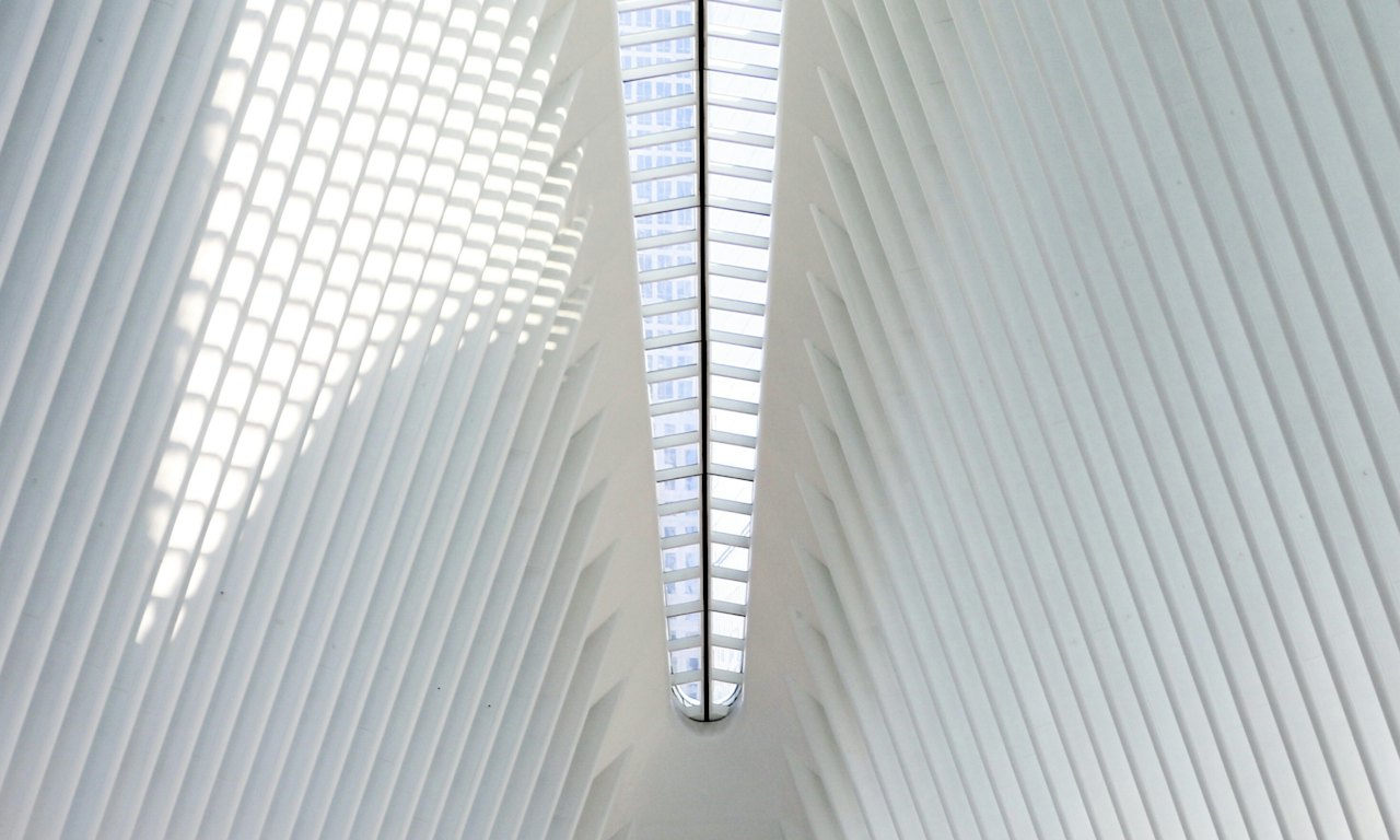 The white ribbed ceiling of a large public building