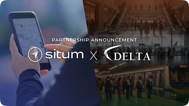Situm and Delta partnership announcement over a collage of a phone map, an airport concourse and a metro platform